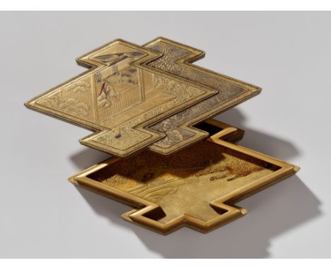 A FINE LACQUER BOX AND COVER WITH INTERIOR TRAYJapan, 18th century, Edo period (1615-1868)Formed as conjoined triple-lozenge 