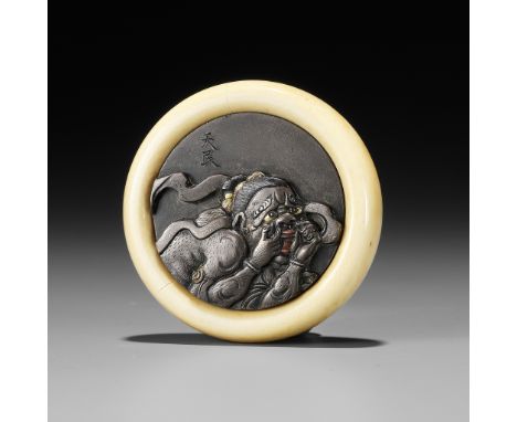 TENMIN: A KAGAMIBUTA NETSUKE DEPICTING A NIO PULLING A GRIMACEBy Asama Tenmin, signed Tenmin 天民Japan, Tokyo, late 19th centur