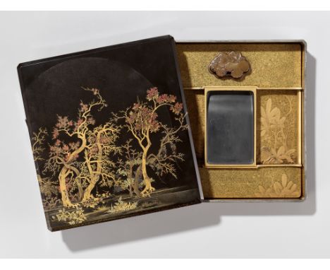 A SUPERB LACQUER SUZURIBAKO (WRITING BOX) DEPICTING A MOONLIT FORESTJapan, 18th-19th century, Edo period (1615-1868)Published