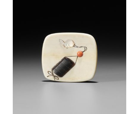 A SHIBAYAMA-INLAID IVORY MANJU-STYLE NETSUKE DEPICTING AN INRO, RABBIT NETSUKE AND OJIMEUnsigned Japan, Tokyo, late 19th cent