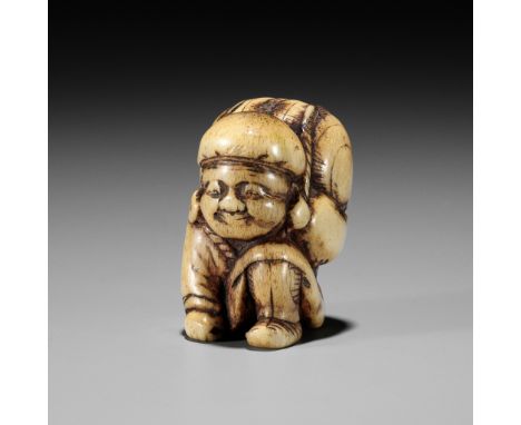 A GOOD STAG ANTLER NETSUKE OF DAIKOKUUnsignedJapan, 18th century, Edo period (1615-1868)The god of wealth kneeling and carryi