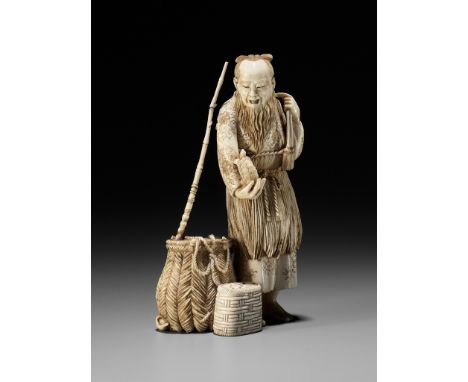 AN IVORY OKIMONO DEPICTING URASHIMA TARO WITH TURTLEUnsignedJapan, 19th century, Meiji period (1868-1912)Finely carved as a s