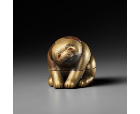 A LACQUER KOGO (INCENSE BOX) AND COVER IN THE FORM OF A PUPPYJapan, late 19th century, Meiji period (1868-1912)The plump pupp