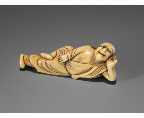 AN EARLY IVORY NETSUKE OF A RECLINING SAGEUnsignedJapan, 18th century, Edo period (1615-1868)The Chinese sage dressed in a vo