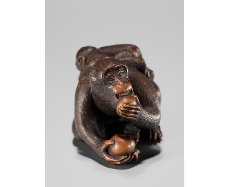 MASANAO: A WOOD NETSUKE OF A MONKEY AND YOUNGBy a member of the Masanao family, signed Masanao 正直Japan, Yamada, Ise province,