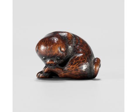 A WOOD NETSUKE OF A PUPPYUnsignedJapan, 19th century, Edo period (1615-1868)Finely carved and deeply stained as a puppy with 
