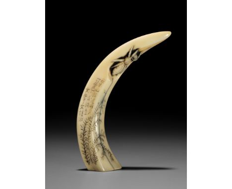 SEIYODO BUNSHOJO: A SUBLIME BOAR TUSK NETSUKE WITH SPIDER AND FERNSBy Seiyodo Bunshojo (1764-1838), signed Nihon San'indo Iwa
