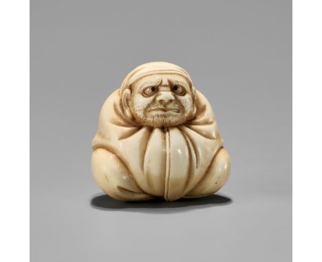 ANRAKU: AN IVORY NETSUKE OF DARUMABy Shukosai Anraku(sai), signed Anraku 安乐Japan, Osaka, mid-19th century, Edo period (1615-1