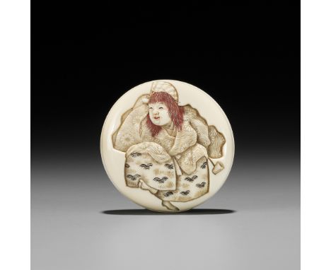 IKKOSAI: AN IVORY MANJU NETSUKE OF A DRUNKEN SHOJOBy Ikkosai Kojitsu, signed Ikkosai 一光齋Japan, Edo (Tokyo), mid-19th century,