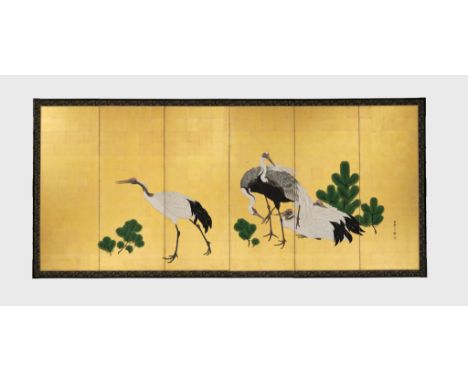 KISHI GANRYO (1798-1852): A BEAUTIFUL SIX-PANEL BYOBU SCREEN DEPICTING CRANES AND PINESBy Kishi Ganryo (1798-1852), signed Ut