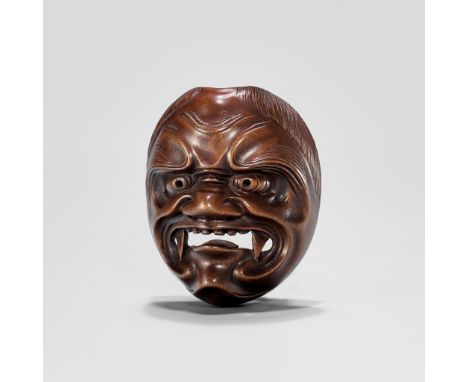 RYUZAN: A WOOD MASK NETSUKE OF SHIKAMIBy Ryuzan, signed Ryuzan 龍山Japan, Edo/Tokyo, second half of 19th centuryFinely carved a