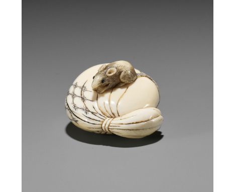 AN IVORY NETSUKE OF A RAT ON TREASURE BAGUnsignedJapan, c. 1800, Edo period (1615-1868)Finely carved as a rat clambering on t