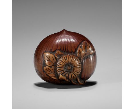 AN EARLY AUTUMNAL WOOD NETSUKE OF A CHESTNUT WITH CHRYSANTHEMUMUnsignedJapan, 18th century, Edo period (1615-1868)A pleasingl
