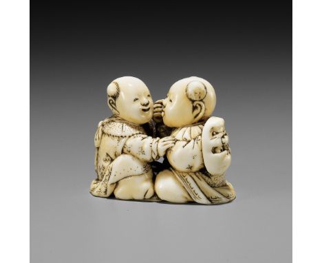 TADACHIKA: AN IVORY NETSUKE OF TWO PLAYING KARAKOBy Tadachika, signed Tadachika 忠親Japan, Edo (Tokyo), mid-19th century, Edo p