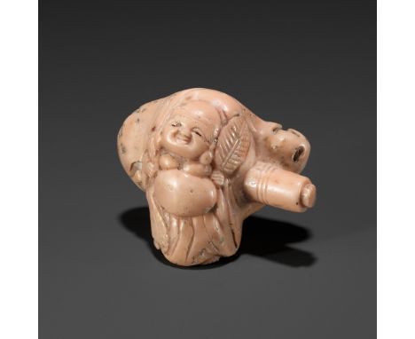 A CORAL NETSUKE OF HOTEIUnsignedJapan, 19th centuryFinely carved with Hotei leaning against his huge treasure bag, a large sc