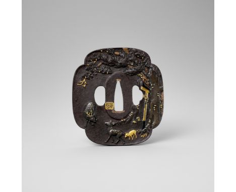 SHOZUI: A HAMANO SCHOOL IRON TSUBA WITH DEER, TORII GATE AND PINESchool of Hamano Masayuki (Shozui), signed with gold seal Sh