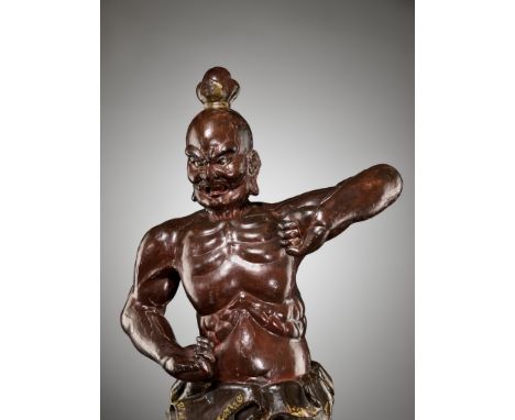 A LARGE AND IMPRESSIVE LACQUERED WOOD FIGURE OF A NIO GUARDIANJapan, 18th century, Edo period (1615-1868)Powerfully modeled s