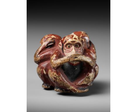 A SAISHIKI (PAINTED WOOD) NETSUKE OF THE SAMBIKI SARU (THREE WISE MONKEYS)Unsigned Japan, 19th centuryA compact and finely ca