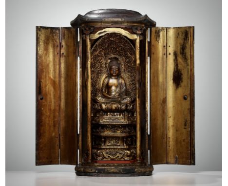 A SUPERB AND LARGE LACQUERED WOOD ZUSHI (PORTABLE SHRINE) CONTAINING A GILT WOOD FIGURE OF AMIDA NYORAIJapan, 18th century, E