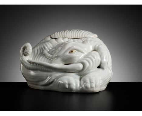 A PALE CELADON GLAZED ELEPHANT-FORM KORO (INCENSE BURNER AND COVER)Japan, Edo period (1615-1868)Finely modeled as an imaginar