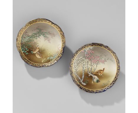 KINKOZAN: A PAIR OF COBALT-BLUE GROUND SATSUMA CERAMIC DISHES WITH PHEASANTS AND QUAILSBy the Kinkozan company, each signed K