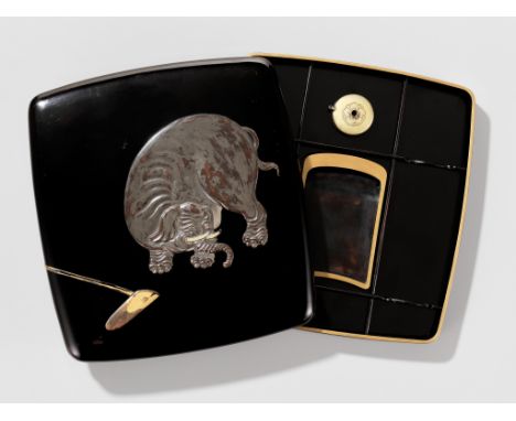 A SUPERB RITSUO-SCHOOL LACQUER AND CERAMIC-INLAID SUZURIBAKO DEPICTING AN ELEPHANTSchool of Ogawa Haritsu (Ritsuo, 1663-1747)
