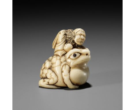 AN OSAKA SCHOOL IVORY NETSUKE OF GAMA SENNIN ON A HUGE TOADUnsignedJapan, Osaka, c. 1800, Edo period (1615-1868)The hermit Ga