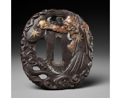 MIBOKU MASAYUKI: A MASTERFUL IRON TSUBA DEPICTING FUTENBy Miboku Masayuki (Gyokkei, 1696-1769), signed Miboku MasayukiJapan, 