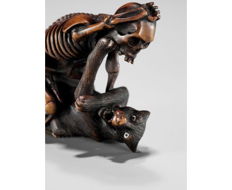 A FINE WOOD NETSUKE OF A WOLF AND SKELETON, ATTRIBUTED TO SHOKOAttributed to Shoko Sugonoya, unsignedJapan, Hida-Takayama, mi