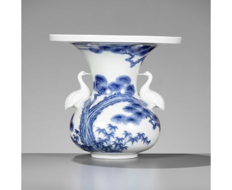 A FINE HIRADO BLUE AND WHITE USUBATA-FORM VASEJapan, 19th centuryWell-modeled with a globular body supported on a short, tape