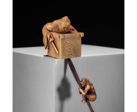 HIROSHI ASAOKA: A CONTEMPORARY WOOD NETSUKE OF SHOKI SEARCHING FOR AN ONI OJIMEBy Hiroshi Asaoka (born 1923), signed Shodo 昇堂