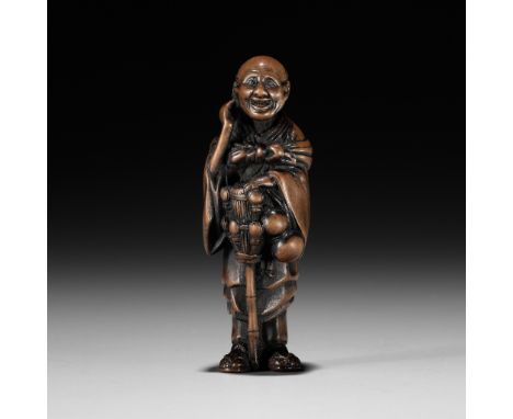 ROKKO: A FINE WOOD NETSUKE OF A CHASEN (TEA WHISK) VENDORBy Rokko, signed Rokko 六甲Japan, Edo/Tokyo, mid to late 19th centuryF