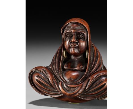 SHUMIN: A WOOD NETSUKE OF DARUMABy Shumin, signed Shumin 舟民Japan, Edo (Tokyo), mid-19th century, Edo period (1615-1868)The Ze