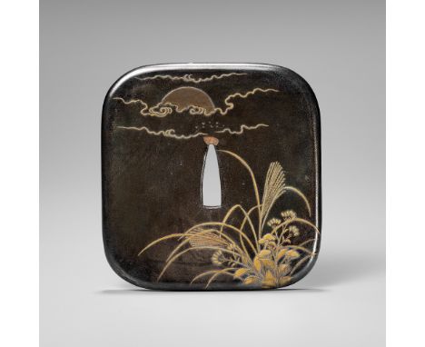 NURUDEAN MITSUHIDE: A RARE LACQUER TSUBA WITH AUTUMN GRASSES AND MOONBy Nurudean Mitsuhide (Nurudean Koei, 1802-1871), signed