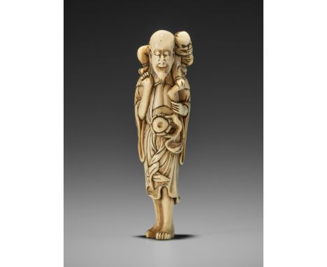 A RARE IVORY NETSUKE OF A SENNIN WITH ONIUnsignedJapan, late 18th century, Edo period (1615-1868)The gleefully laughing senni