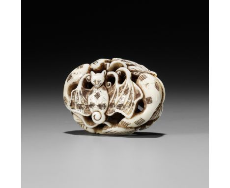 A WALRUS TUSK RYUSA MANJU NETSUKE DEPICTING A BAT AND GOURDSUnsigned Japan, Tokyo, late 19th centuryOf oval form, finely carv