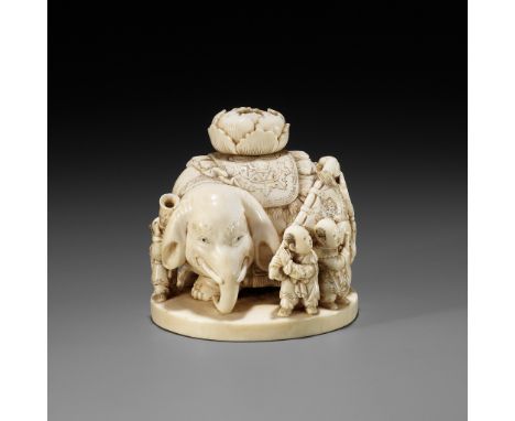 CHIKUYOSAI TOMOCHIKA: A LARGE IVORY OKIMONO NETSUKE OF AN ELEPHANT WITH A GROUP OF KARAKOBy Chikuyosai Tomochika, signed Chik