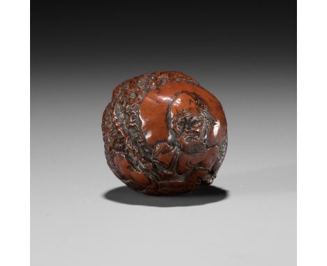 A KURUMI (WALNUT) NETSUKE OF RAKAN HANDAKA SONJAJapan, 19th century, Edo period (1615-1868)Finely carved as a seated rakan Ha