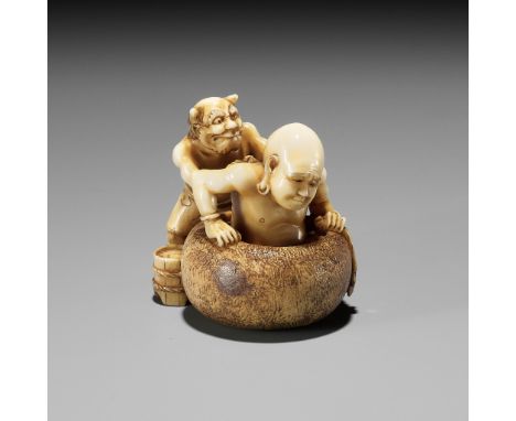 GYOKKO: AN IVORY NETSUKE OF A ONI WASHING A RAKANBy Gyokko, signed Gyokko 玉光Japan, Tokyo, late 19th centuryAn oni (devil) str