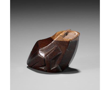 SUKENAGA: A RARE ITTOBORI YEW WOOD NETSUKE OF A CROUCHING FROGBy Matsuda Sukenaga, signed Sukenaga 亮長Japan, Takayama, Hida Pr