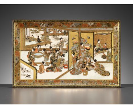 SHIZAN: A MAGNIFICENT SATSUMA CERAMIC TRAY WITH TEMPLE SCENEBy Shizan, signed Shizan seiJapan, Meiji period (1868-1912)The re