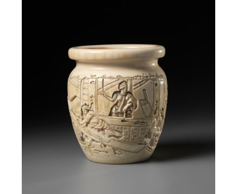 AN IVORY JAR DEPICTING CONSTRUCTION MENUnsignedJapan, late 19th century, Meiji period (1868-1912)The ovoid sides rising from 