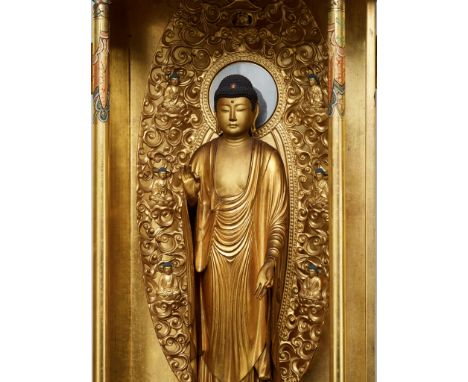 AN IMPRESSIVE LARGE LACQUERED WOOD ZUSHI (PORTABLE SHRINE) CONTAINING A GILT WOOD FIGURE OF AMIDA NYORAIJapan, 18th-19th cent