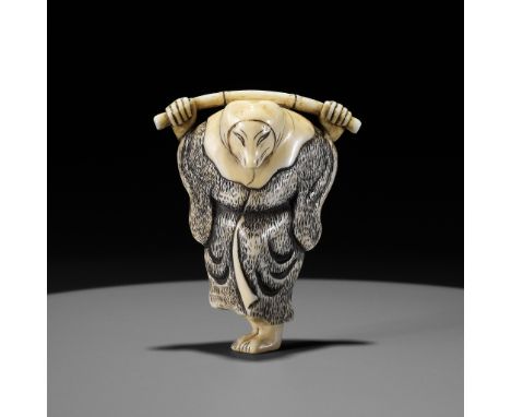 AN IVORY NETSUKE OF A FOX PRIEST (HAKUZOSU) WITH BAMBOO CANEUnsignedJapan, c. 1800, Edo period (1615-1868)The kitsune (fox) w