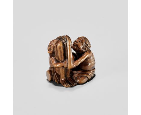 A TOMOCHIKA SCHOOL WOOD NETSUKE OF ASHINAGA AND TENAGAUnsignedJapan, Edo (Tokyo), early 19th century, Edo period (1615-1868)F