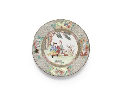 A RARE PAINTED ENAMEL 'EUROPEAN SUBJECT' RUBY-BACK DISHYongzhengDecorated with a central scene of an elegant European lady an