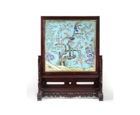 A LARGE CLOISONNÉ ENAMEL TABLE SCREENQing DynastyThe panel finely enamelled with a pair of multi-coloured pheasants perching 