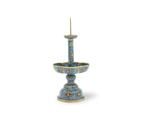 A CLOISONNÉ ENAMEL PRICKET CANDLESTICK17th centuryThe domed base rising to a quatrefoil drip pan issuing a cylindrical shaft,