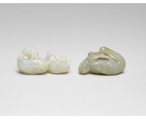 TWO PALE GREEN JADE CARVINGS OF GEESE17th centuryThe first of very pale white-green tone, expertly carved as two geese with f