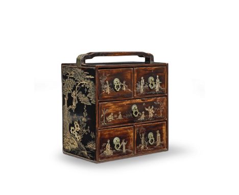 A FINE SMALL COROMANDEL LACQUER PORTABLE CHESTKangxiThe box fitted with five drawers and carved on the front with various sce